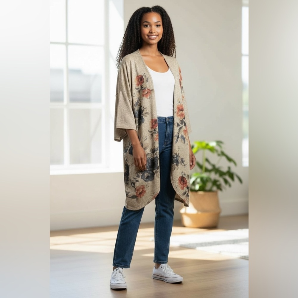 NWOT Gray Floral Kimono Cardigan - Picture 1 of 4